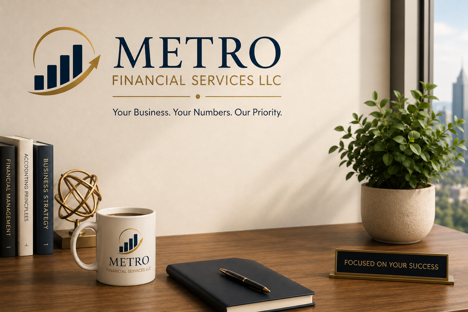 Metro Financial Services LLC branded office image with logo wall graphic, books, branded mug, desk accessories, and tagline